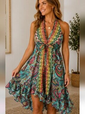 ASHLEY TAYLOR Paisley Silk Blend Halter Dress In Blue/yellow Mult. Size O/S NWT